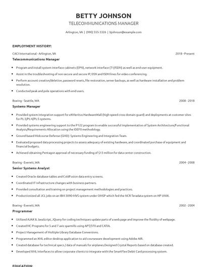 Telecommunications Manager Resume
