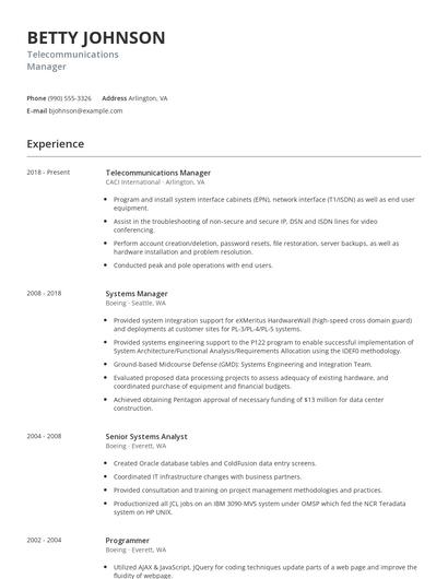 Telecommunications Manager Resume