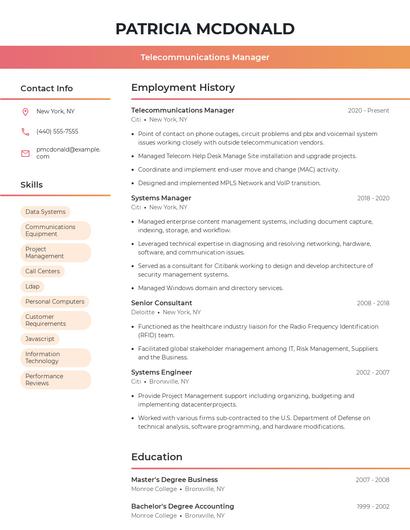 Telecommunications Manager Resume