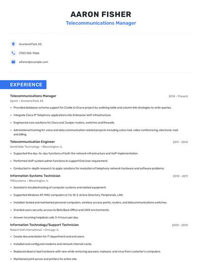 Telecommunications Manager Resume