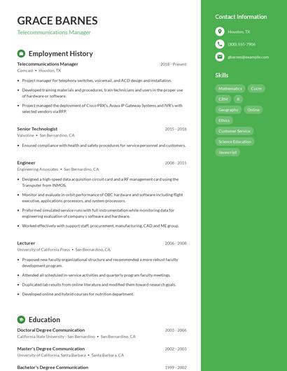 Telecommunications Manager Resume