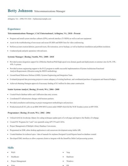 Telecommunications Manager Resume