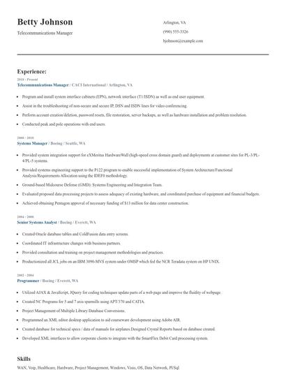 Telecommunications Manager Resume