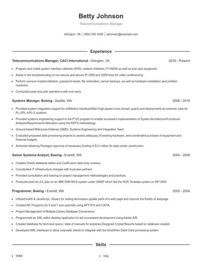 Telecommunications Manager Resume