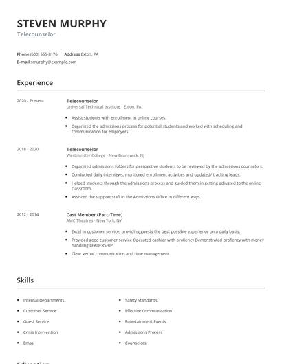 Telecounselor Resume