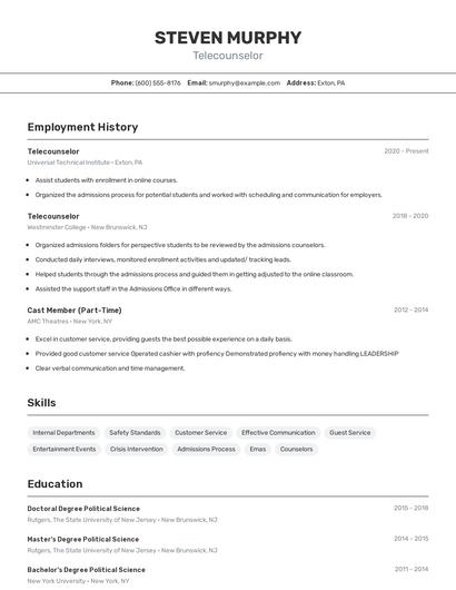 Telecounselor Resume