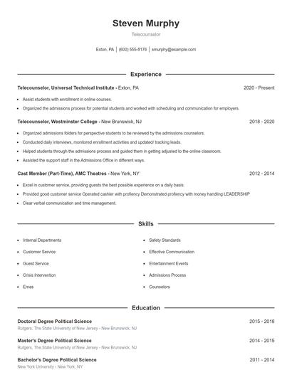 Telecounselor Resume