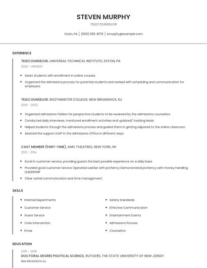Telecounselor Resume