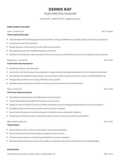 Telemarketing Manager Resume