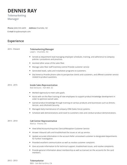 Telemarketing Manager Resume