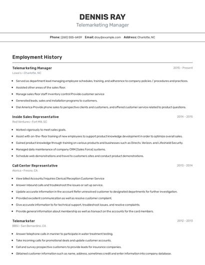 Telemarketing Manager Resume