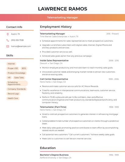 Telemarketing Manager Resume