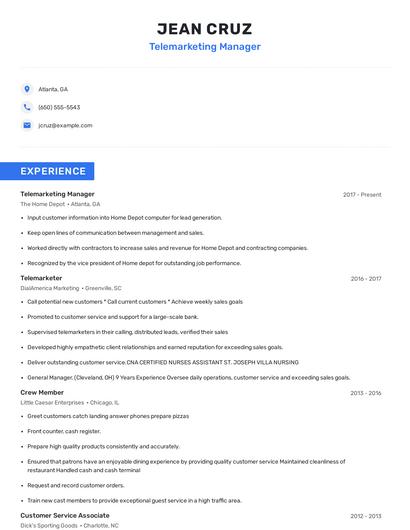 Telemarketing Manager Resume