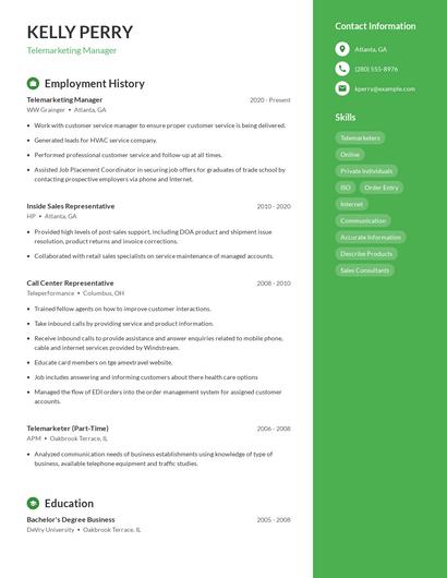 Telemarketing Manager Resume