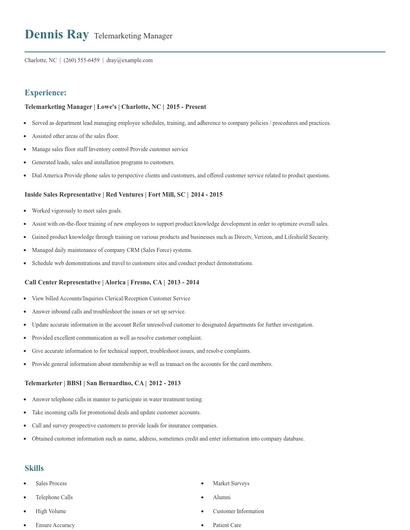 Telemarketing Manager Resume