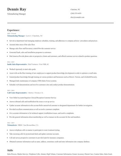 Telemarketing Manager Resume