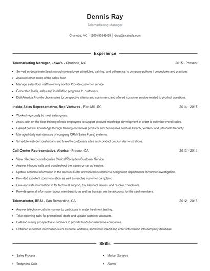 Telemarketing Manager Resume