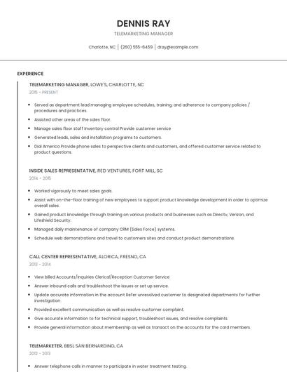 Telemarketing Manager Resume