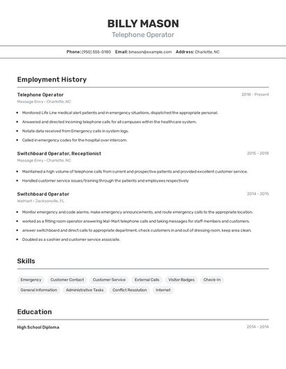 Telephone Operator Resume