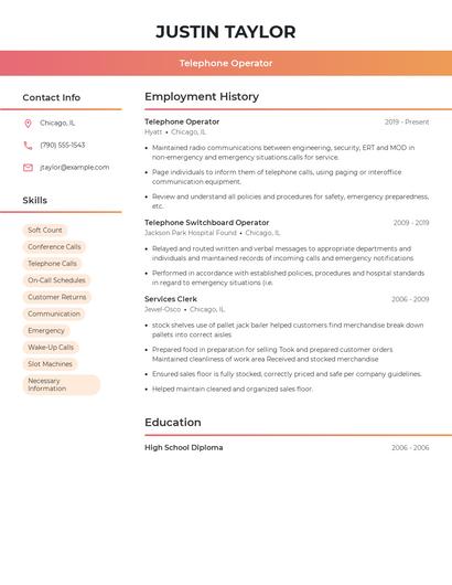 Telephone Operator Resume