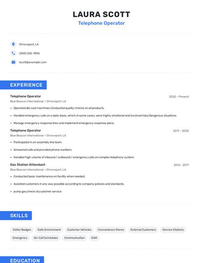 Telephone Operator Resume
