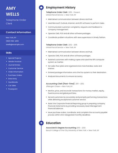 Telephone Order Clerk Resume