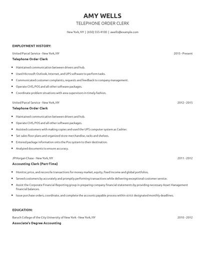 Telephone Order Clerk Resume