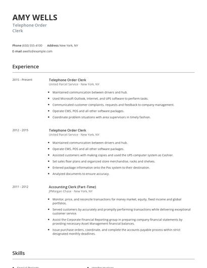 Telephone Order Clerk Resume
