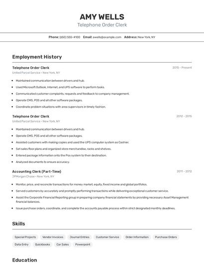 Telephone Order Clerk Resume