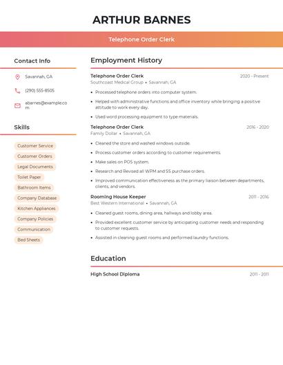 Telephone Order Clerk Resume