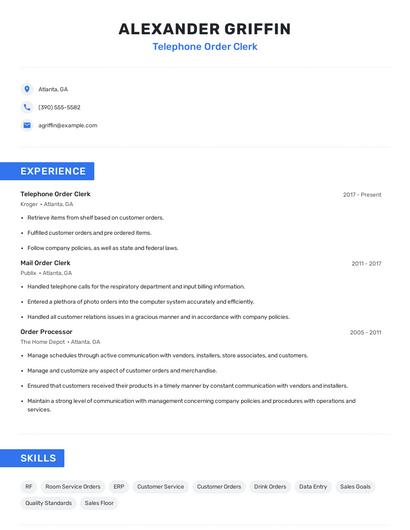 Telephone Order Clerk Resume