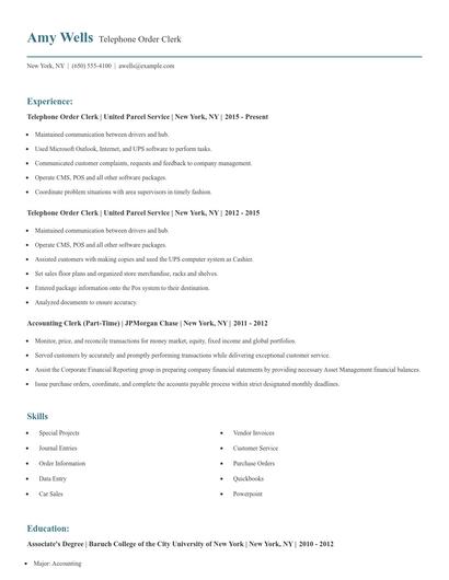 Telephone Order Clerk Resume