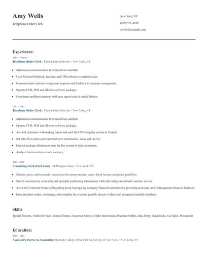 Telephone Order Clerk Resume