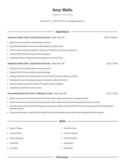Telephone Order Clerk Resume