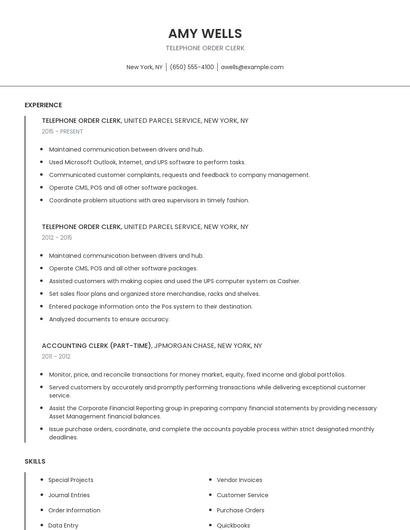 Telephone Order Clerk Resume