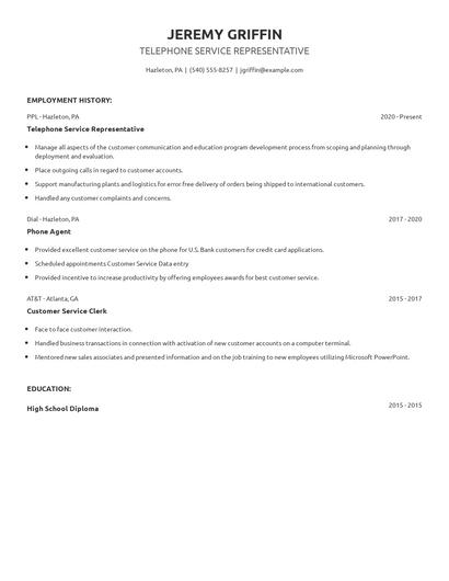 Telephone Service Representative Resume