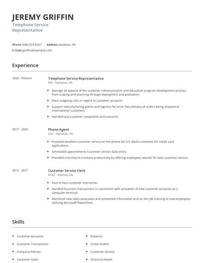 Telephone Service Representative Resume