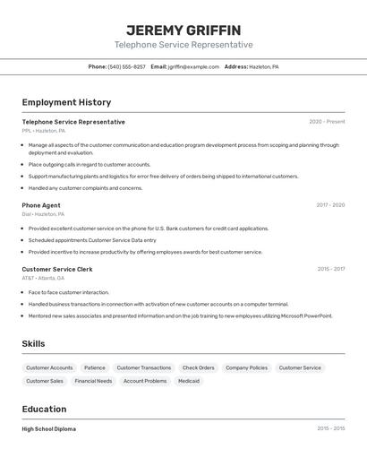Telephone Service Representative Resume