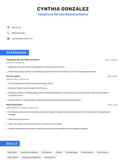 Telephone Service Representative Resume
