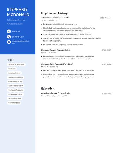 Telephone Service Representative Resume