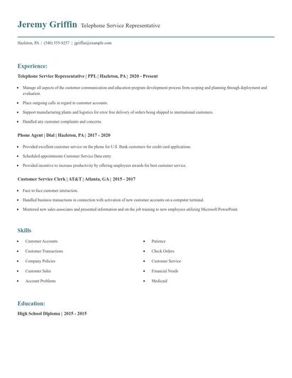Telephone Service Representative Resume