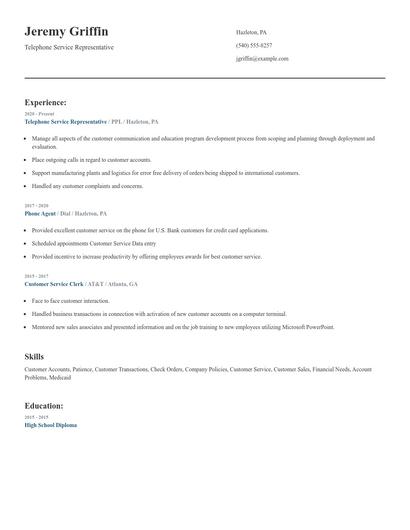 Telephone Service Representative Resume