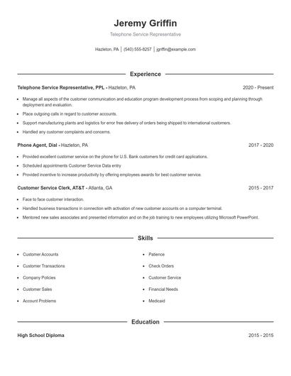 Telephone Service Representative Resume