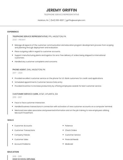 Telephone Service Representative Resume