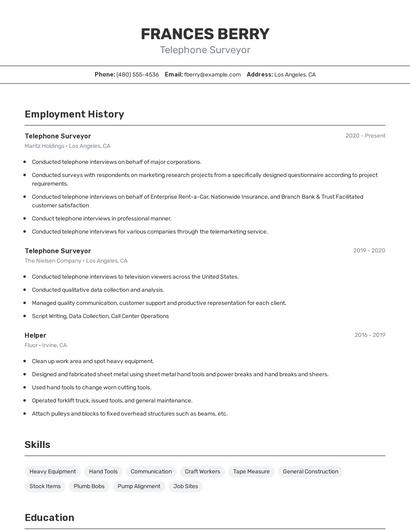 Telephone Surveyor Resume