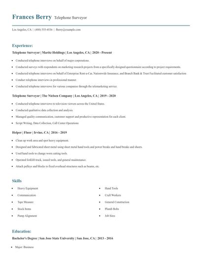Telephone Surveyor Resume