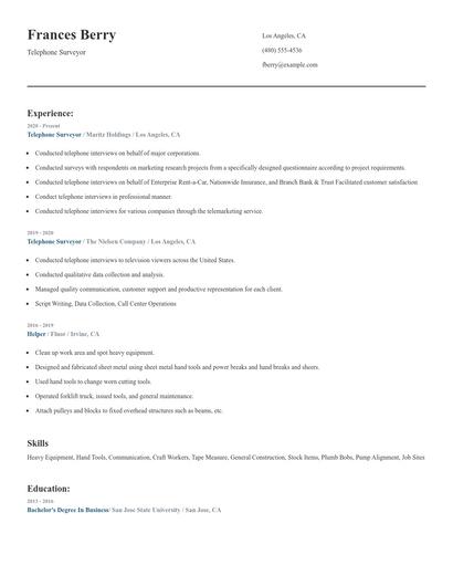 Telephone Surveyor Resume