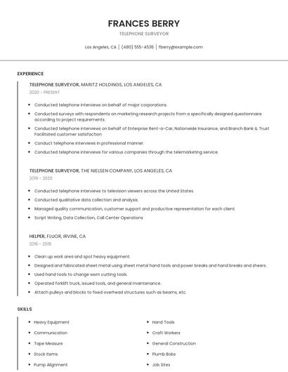 Telephone Surveyor Resume