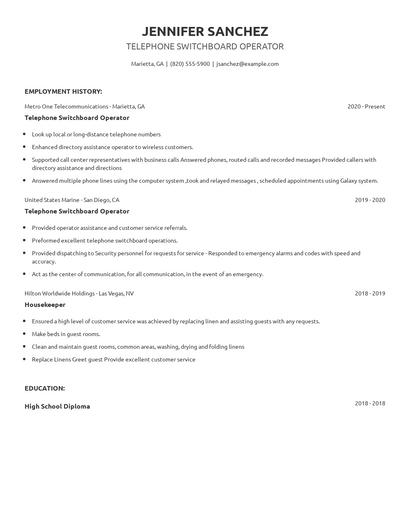 Telephone Switchboard Operator Resume