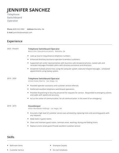 Telephone Switchboard Operator Resume